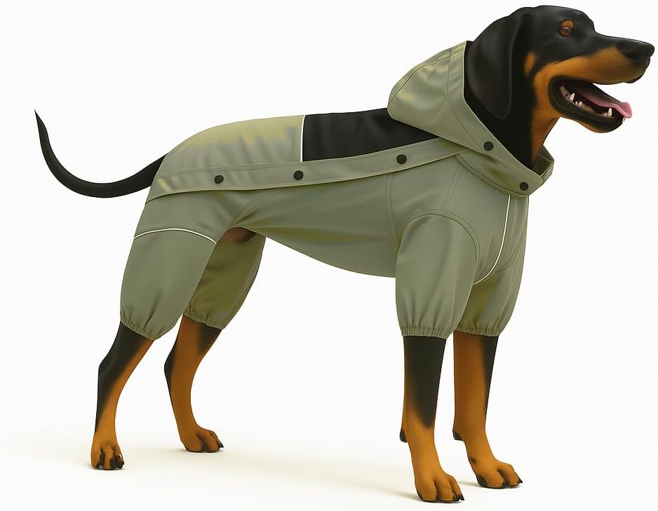 Waterproof Dog Raincoat with Removable Hood – Outdoor Full Body Dog Jacket, Windproof Snowproof Shell Suit – All Season Pet Rain Gear Sage Green L