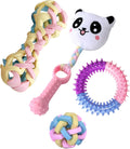 Puppy Toys or Small Medium Dogs 4 Pack Chew Toy for Puppies Pet Teething Toy for Cleaning Teeth Interactive Soft Plush Panda Treat DispenserI Bone Squeaky Ball Tri-Color Ring Cute Toy Set