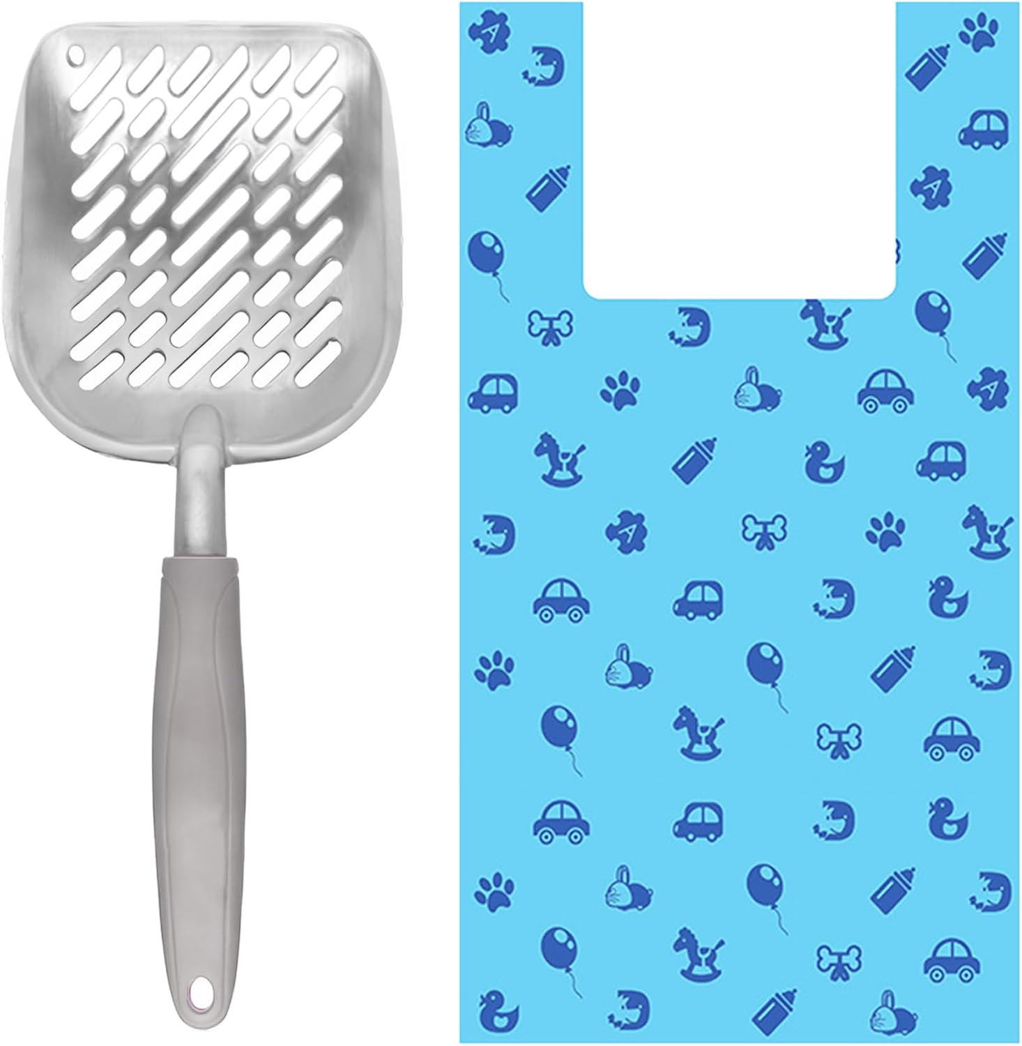 Cat Litter Scoop and Bag Combo, Stainless Steel Deep Shovel, 60 Plastic Poop Bags with Easy-Tie Handles, Ideal for Felines & Dogs, 1 Set Per Pack