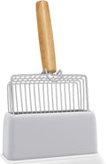 Fast Sifting Cat Litter Scoop with Holder Stand, Stainless Steel Poop Scooper with Ergonomic Wood Handle, Heavy Duty and Easy Clean