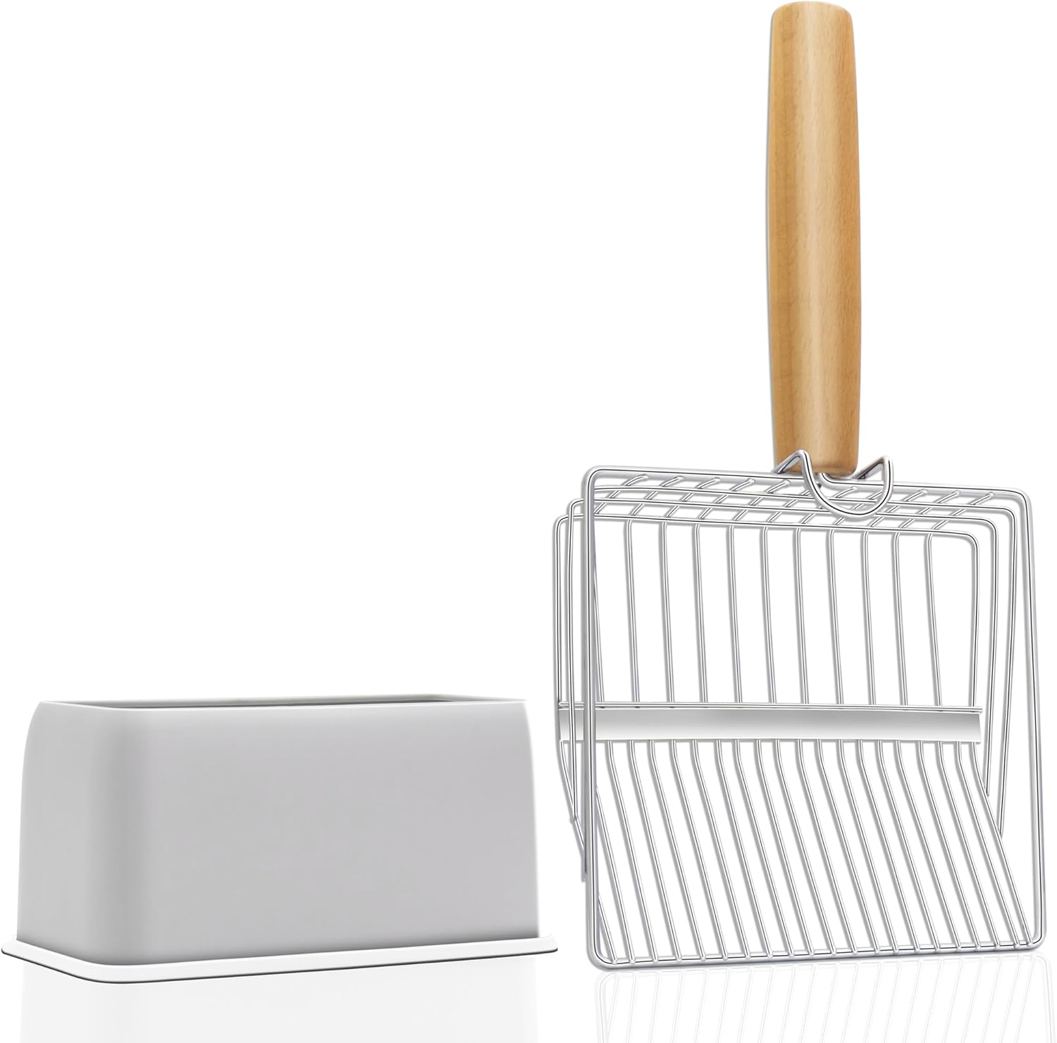 Fast Sifting Cat Litter Scoop with Holder Stand, 2 Widths of Slots Stainless Steel Poop Scooper with Ergonomic Wood Handle, Heavy Duty and Easy Clean