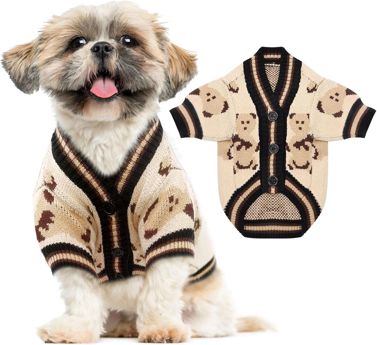Small Dog Sweaters Cute Bear Dog Cardigans Clothes for Small Medium Dogs Boy Girl Puppy Cat Knitting Cardigan Outfits Dogs Autumn Coats Warm Pet Doggy Clothes Soft Knitwear Apparel (Beige,L)
